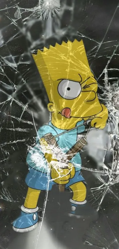 Bart Simpson with cracked glass effect on mobile wallpaper.