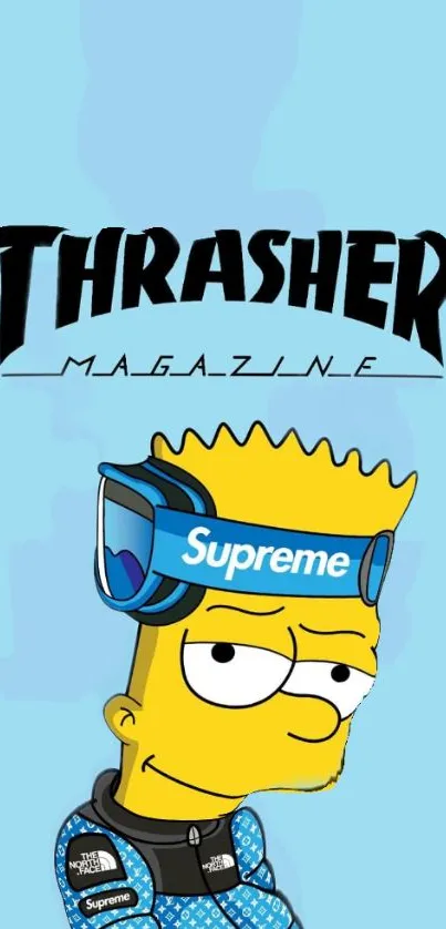 Bart Simpson in Thrasher-Supreme attire on a light blue background.