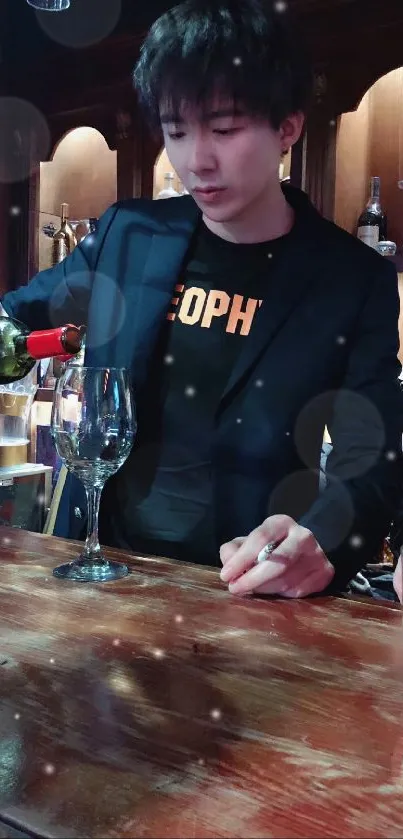 Stylish bartender in black suit pouring wine at elegant bar.