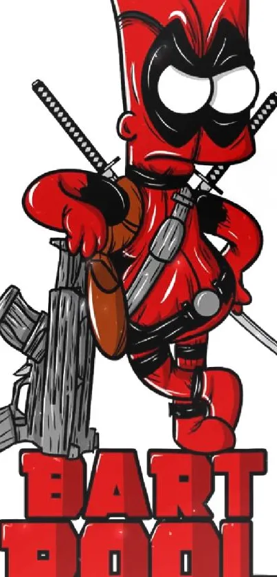 Cartoon character in red costume with weapons, parodying a superhero.