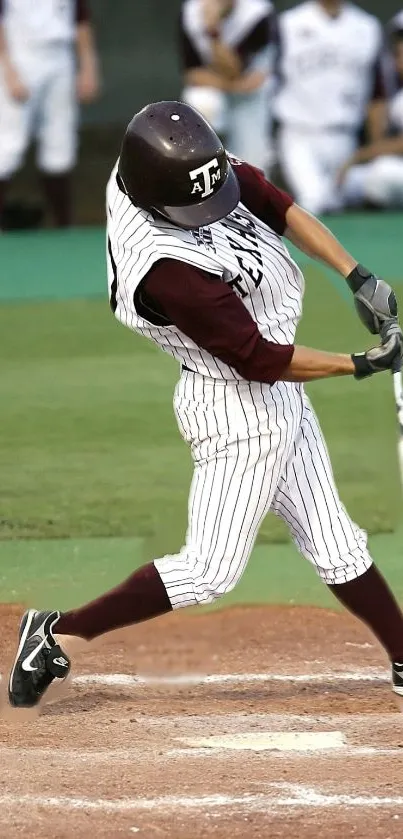 Baseball player swinging bat on field, intense action captured.