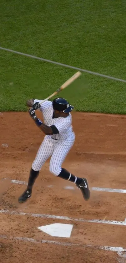 Baseball player swinging bat on field.