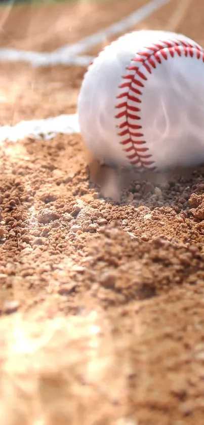 Baseball on brown dirt field with vivid detail.