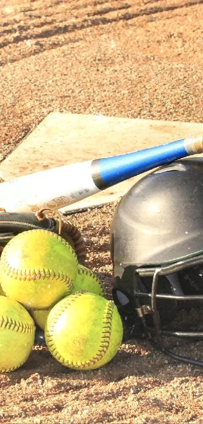 Baseball gear on field with bat and helmet.