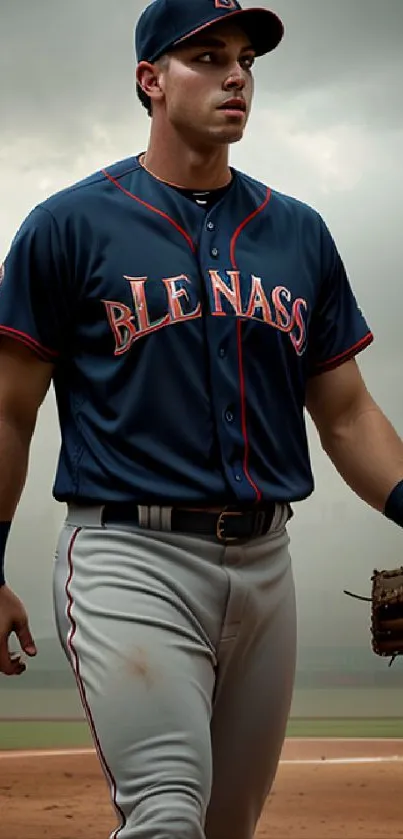 Focused baseball player on field in misty stadium.