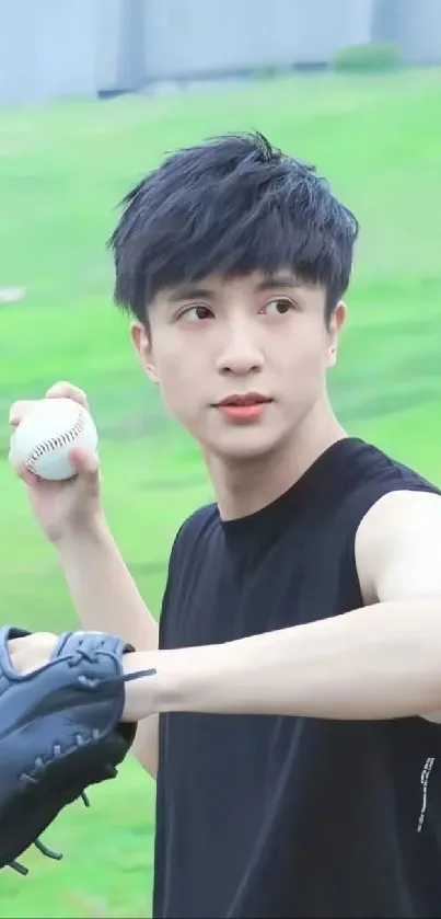 Baseball player preparing to pitch in lush green field.