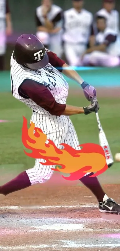 Baseball player swinging bat with flames and dynamic style.