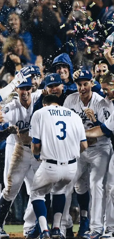 Baseball team celebrating with confetti.