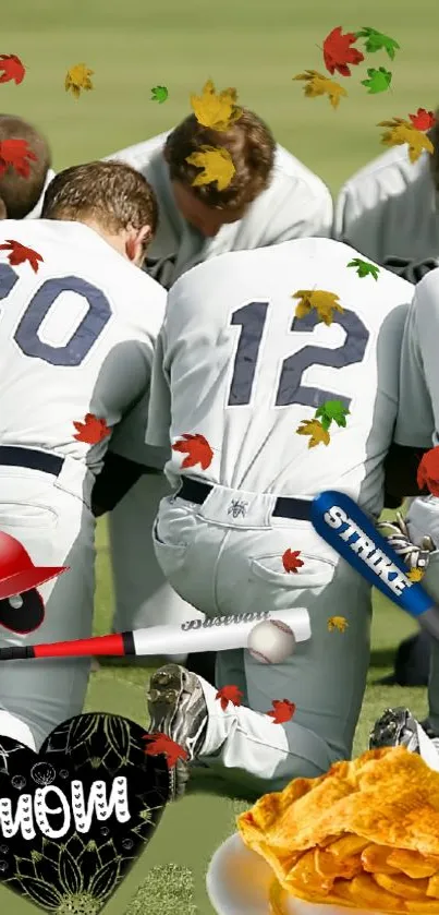 Baseball team huddle with colorful leaves and sports gear accents.