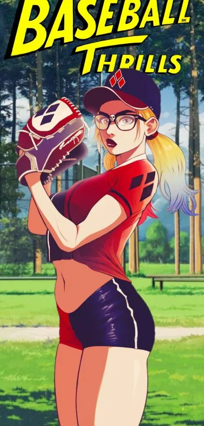 Anime girl baseball player with vibrant colors on green field background.