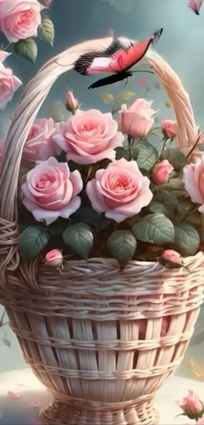 Pink roses in a basket with a butterfly.