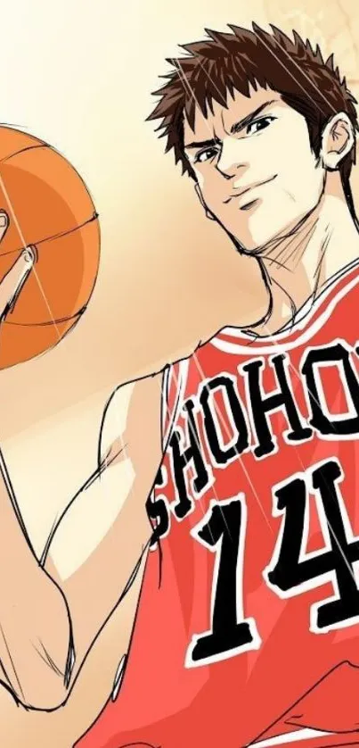 Anime basketball player in red jersey ready to shoot.