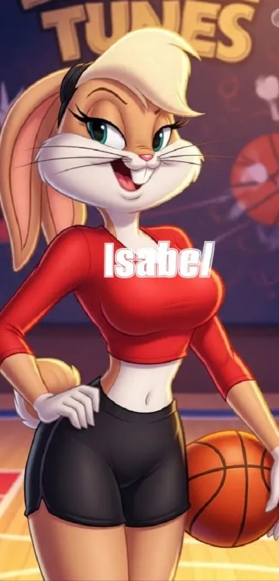 Cartoon bunny with basketball on court.