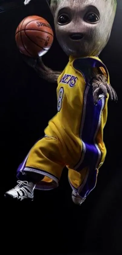 Animated character playing basketball in vibrant yellow attire.