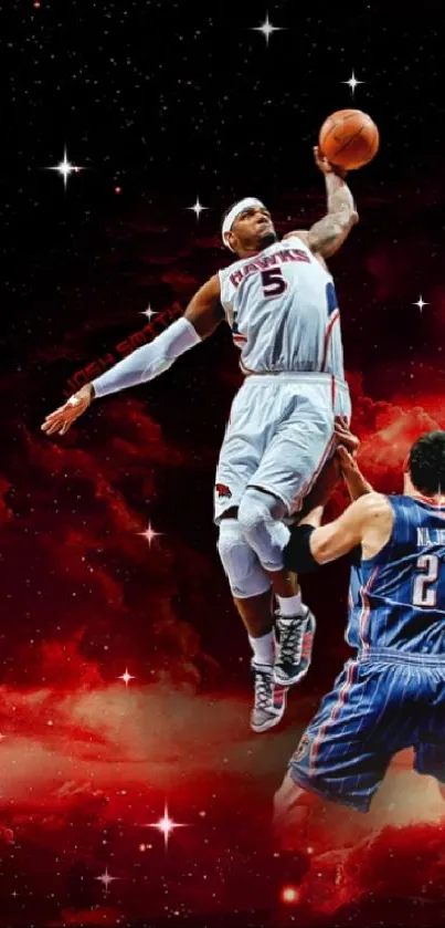 Dramatic cosmic basketball dunk over fiery background.