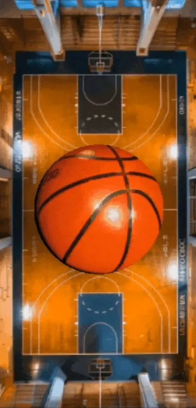 Dynamic aerial view of a basketball court with an oversized ball.