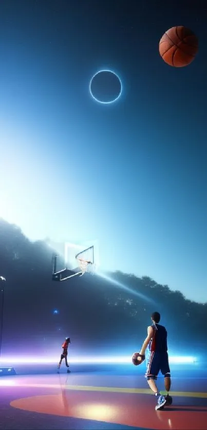 Basketball players on a neon-lit court at sunset.