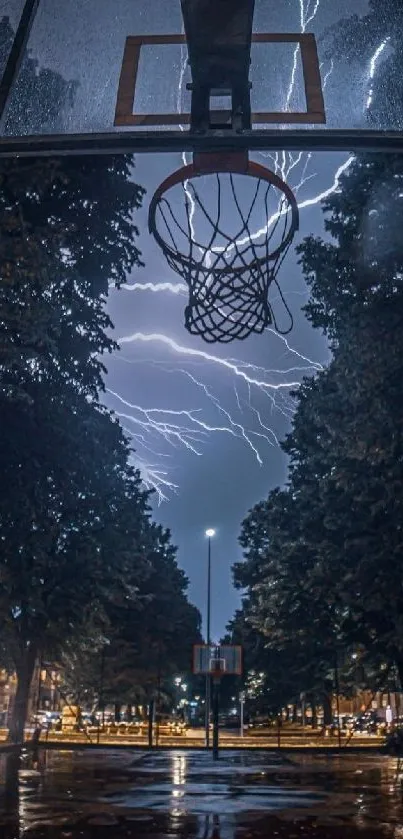 Nighttime basketball court with lightning in dark blue sky.