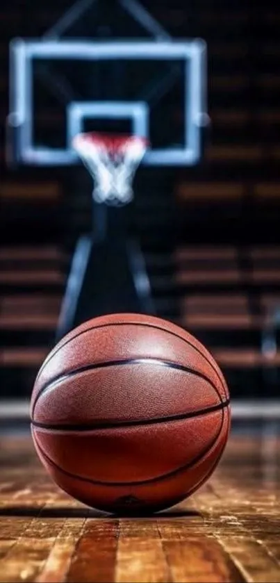 Basketball on court with hoop in background