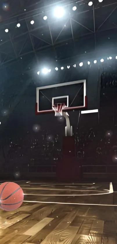 Moody basketball court scene at night with spotlight.