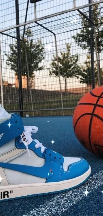 Blue sneakers and basketball in court setting wallpaper.