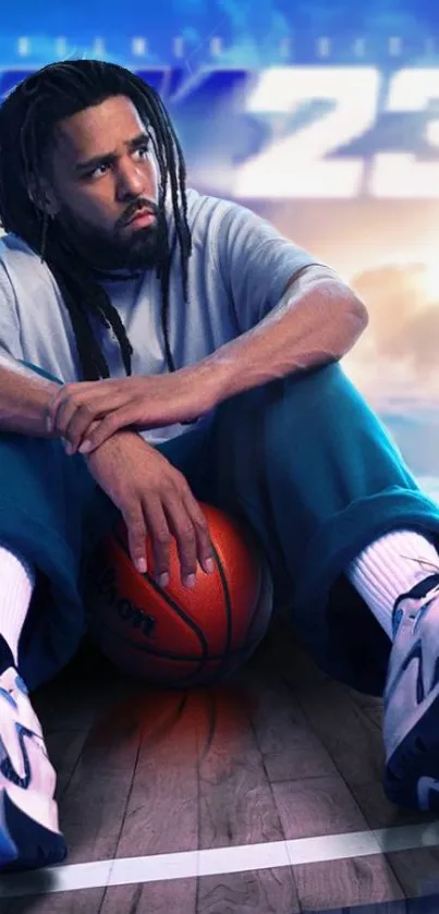 Basketball player sitting dreamily with a ball in an urban setting.