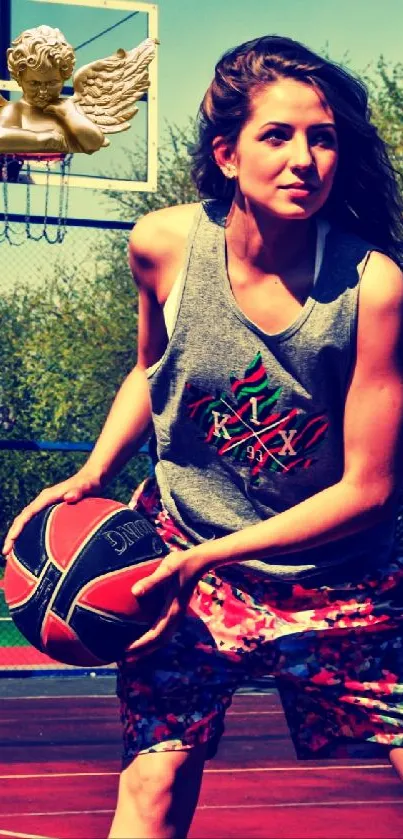 Female basketball player with angel statue on colorful court.