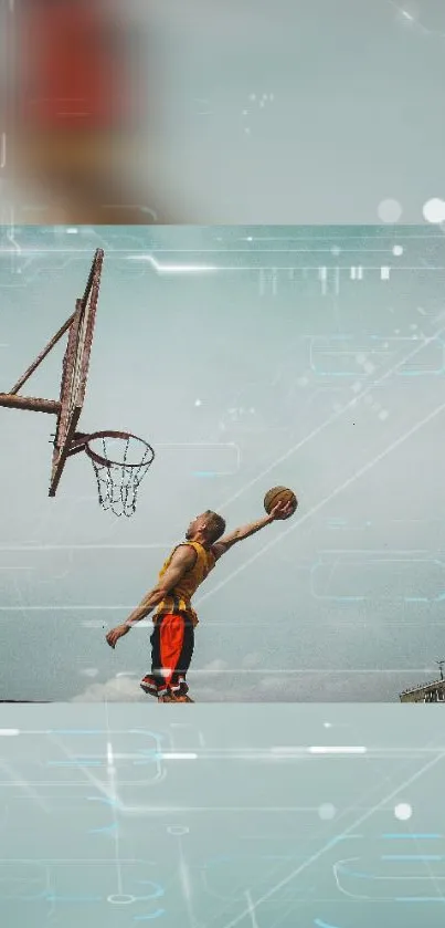 Athlete performing a basketball dunk with a futuristic background.