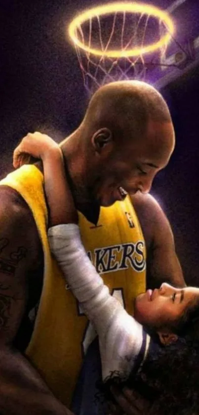 Heartfelt moment between basketball player and child in vibrant art.