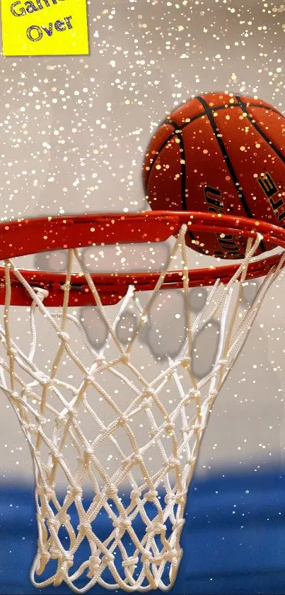 Basketball nearing the hoop with a vibrant background.