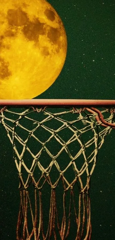 Basketball hoop silhouetted against a full moon.