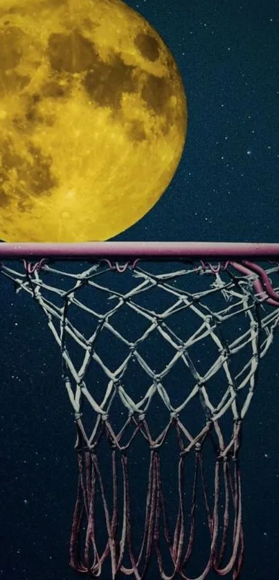 Basketball hoop silhouette against a large yellow moon in the night sky.