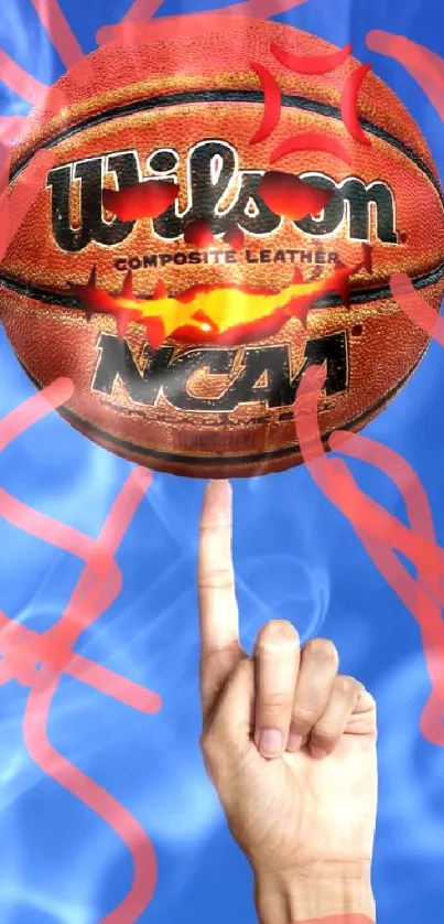 Basketball spinning with artistic red lines against a blue sky background.