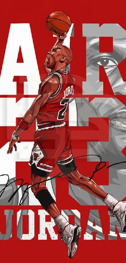 Iconic basketball figure on red background with bold typography.