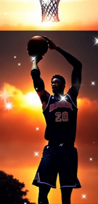 Basketball player shooting at sunset with stars and vibrant colors.