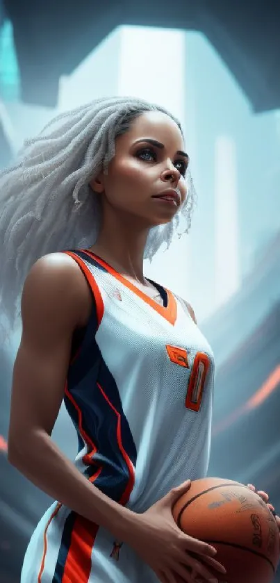 Futuristic athlete holding a basketball in an urban setting.