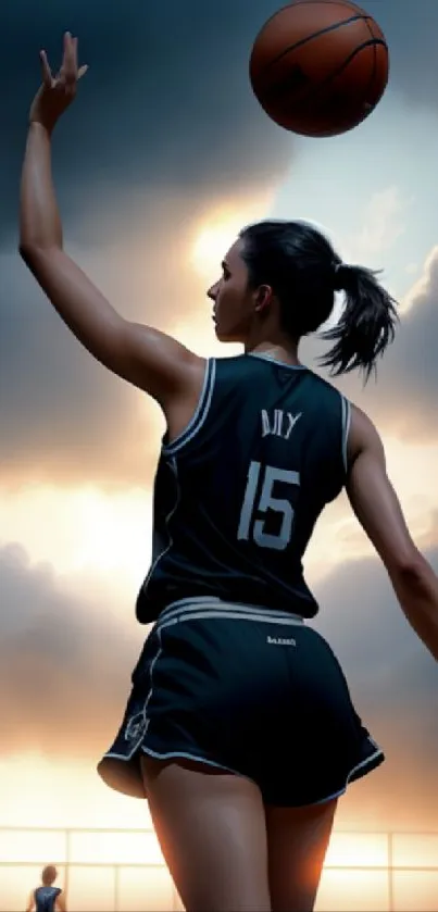 Basketball player shooting under a cloudy sky.