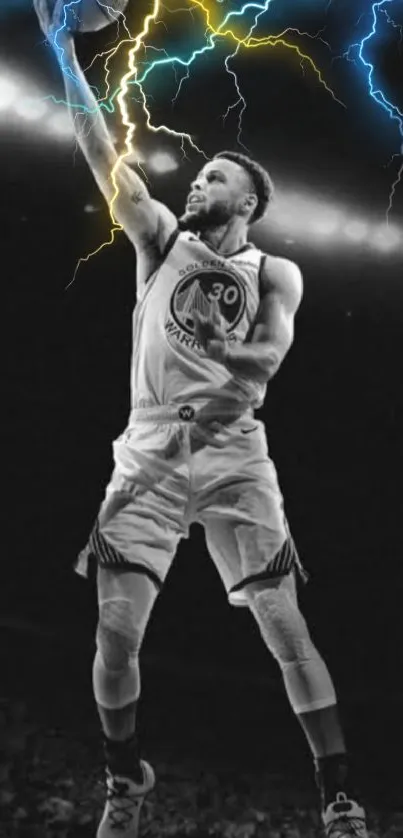 Basketball player jumps amid vibrant lightning in dynamic wallpaper.