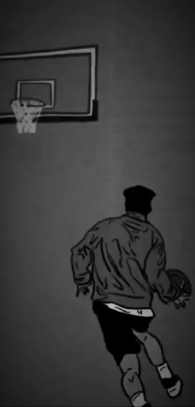 Silhouette of a basketball player shooting at a hoop in black and white.