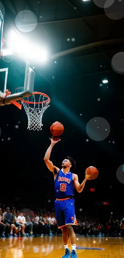 Basketball player mid-air slam dunk on court.