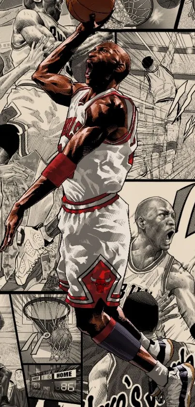 Dynamic comic-style basketball wallpaper with a player in action.