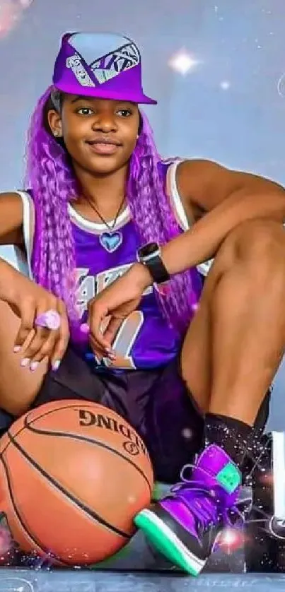 Vibrant basketball player with purple hair and ball.