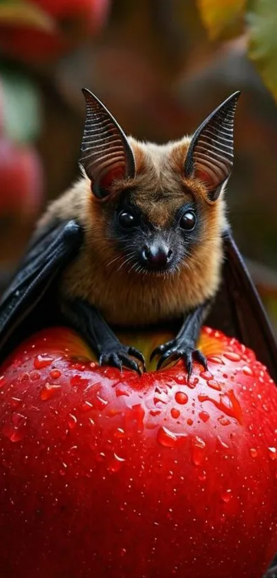 A cute bat sits on a dewy red apple in a natural setting.