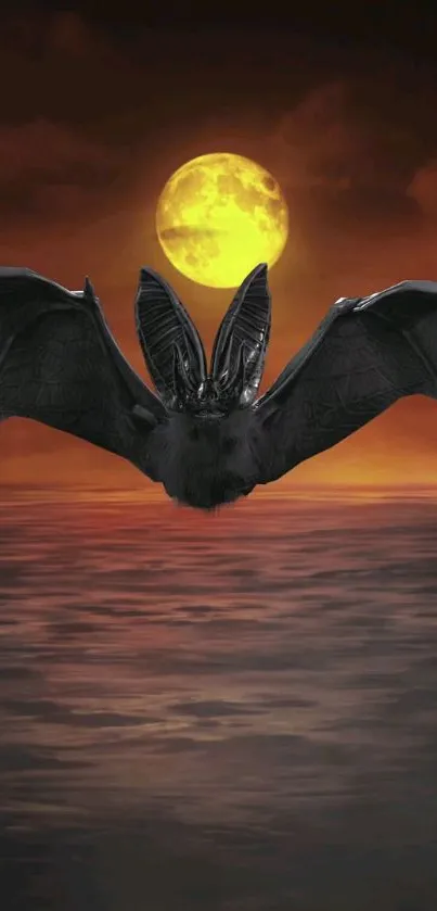 Bat silhouette with full moon over ocean at sunset.