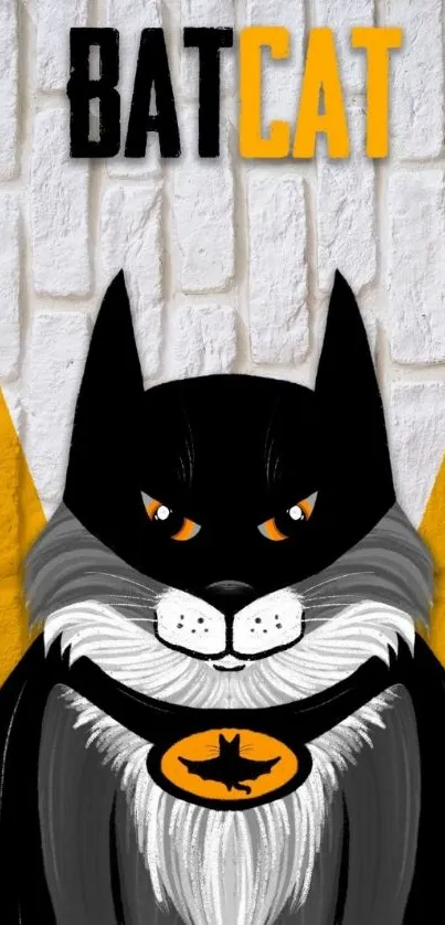 Cartoon superhero cat on yellow brick wall wallpaper.