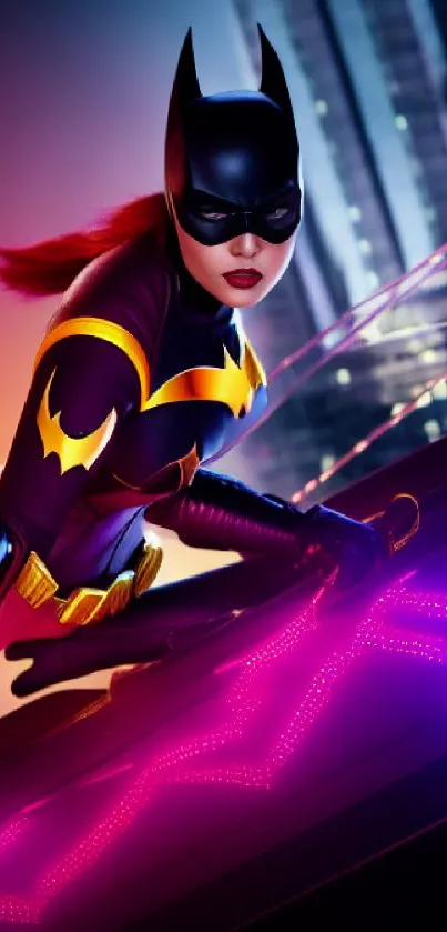 Batgirl poses with neon lights in urban cityscape.