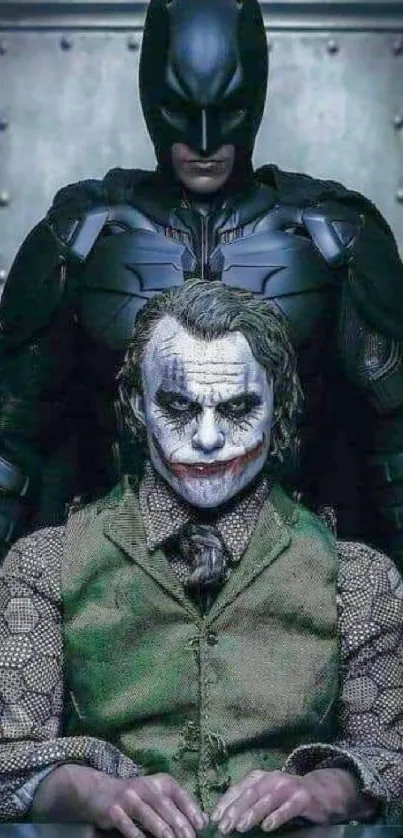 Batman stands behind Joker in dimly lit room.