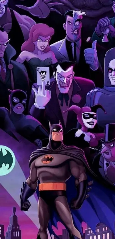 Batman and villains in animated style night cityscape.