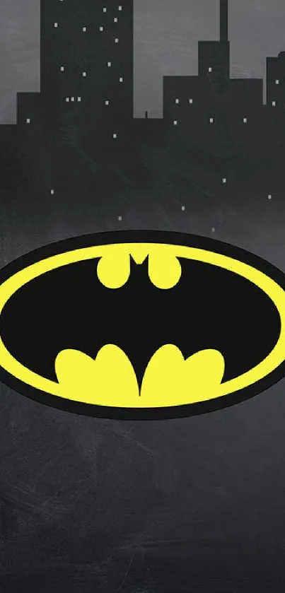 Batman cityscape wallpaper with yellow Bat-symbol.