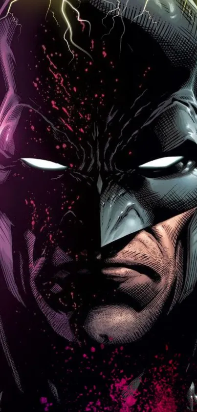 Batman with intense expression in vibrant comic-style art.